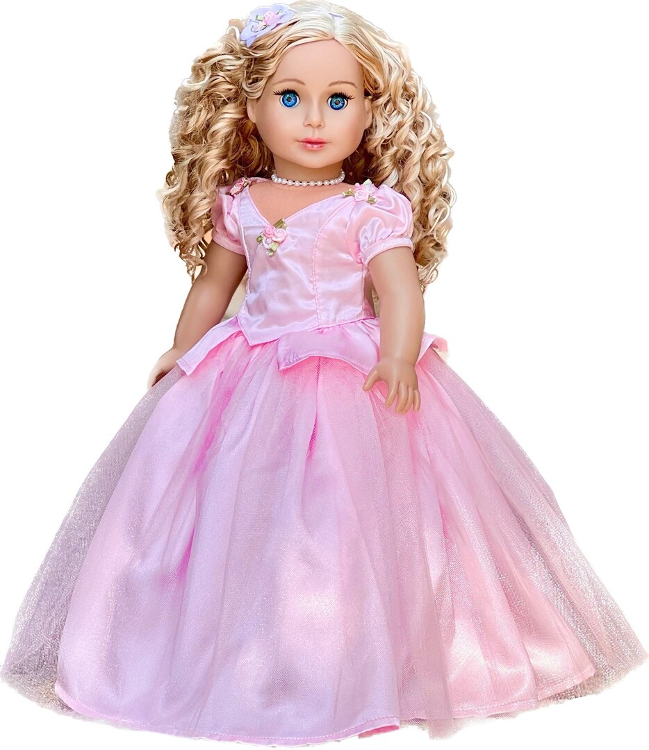 doll in pink dress Pretty Gown for 18 inch American Girl Doll Necklace Headpiece Dreamworld Collections Little House on the Prairie 18 Doll Prairie Dress expertly crafted in a lovely Pink Floral pattern Blushing Beauty This vision